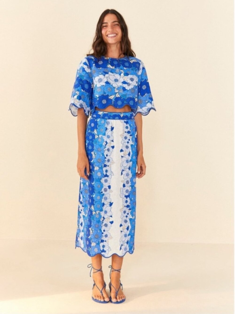 FARM Rio Blue & White Floral Lace Midi Dress Set